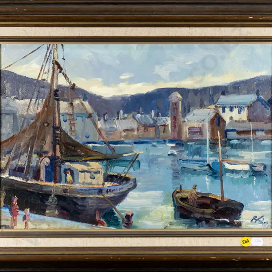 illegible signature - framed oil - harbour scene  (some scratching to frame) H-260 W-390