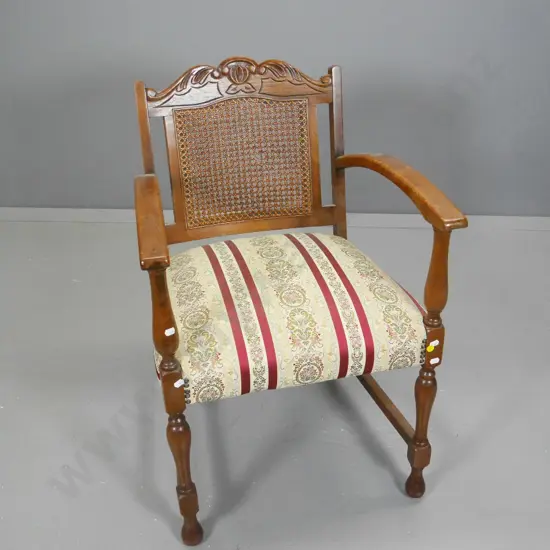 deco occasional chair, carved back with bergere cane panel, damask upholstered seat H790 W530 D530