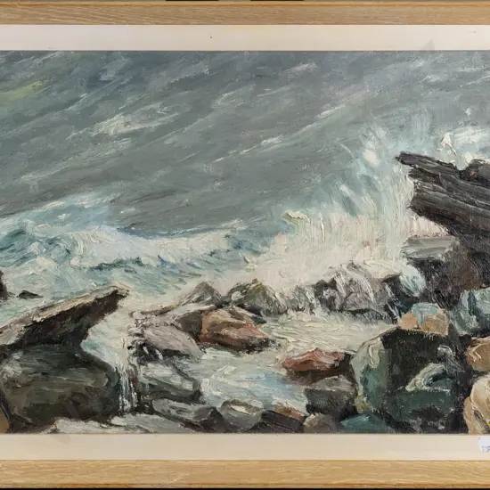 illegible signature - framed oil - coastal scene H-300 W-440