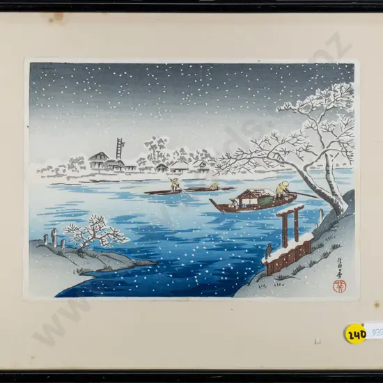 framed Japanese print - winter scene (some foxing to surround) H-160 W-220