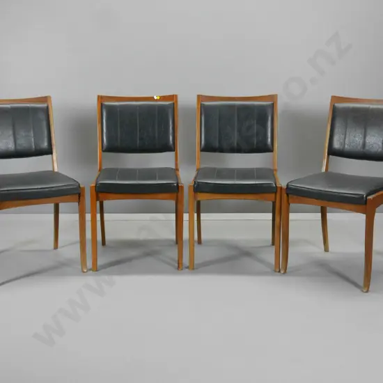 4 mid-century mahogany dining chairs with black leather seat & back, some movement in frames, polish wear H850 W450 D430