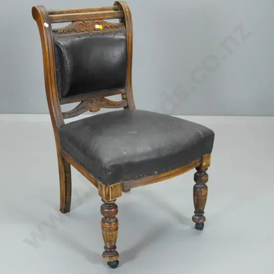 Edwardian black leather upholstered cut down dining chair on casters H-850 W-410 D-475
