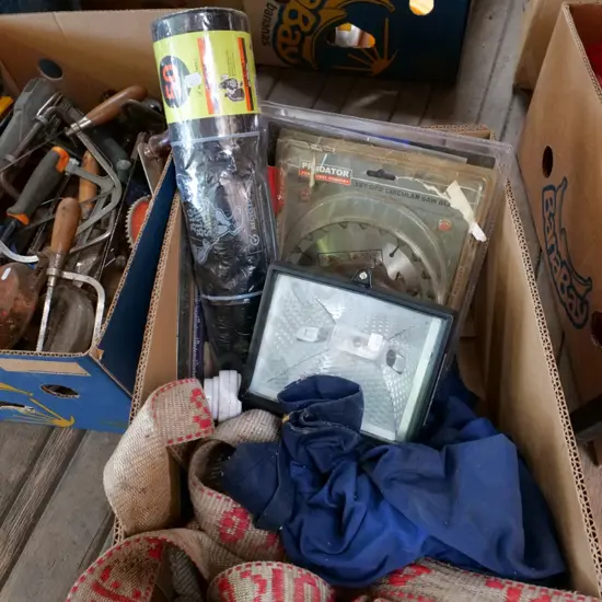box; overalls, strop, saw blades etc