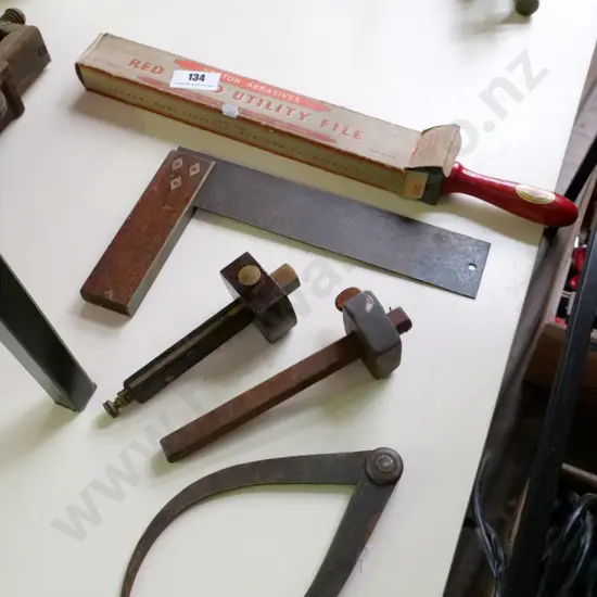 vintage calipers, markers gauge, builders, square, file