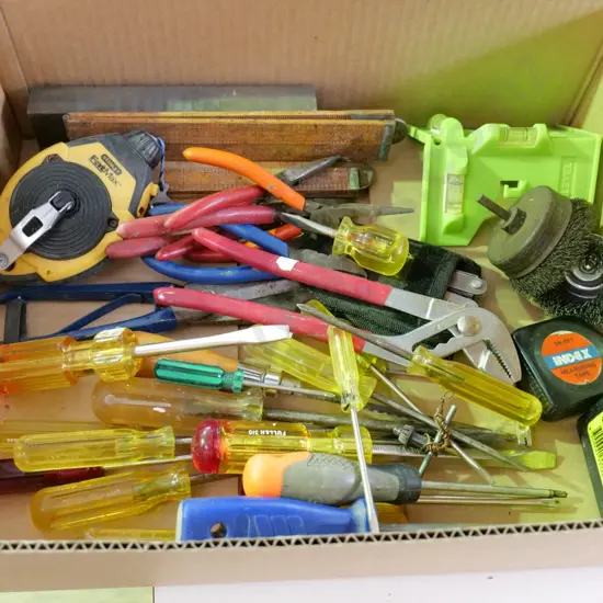 box; screwdrivers, chalk lines etc