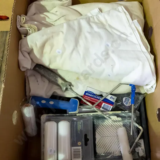 box; painters supplies, trays, drop cloths etc