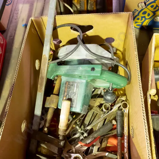 box; skilsaw, large F clamp, spanners etc