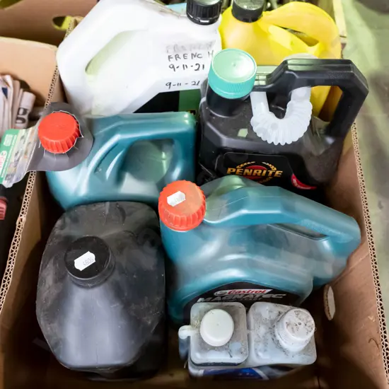 box of engine oils etc