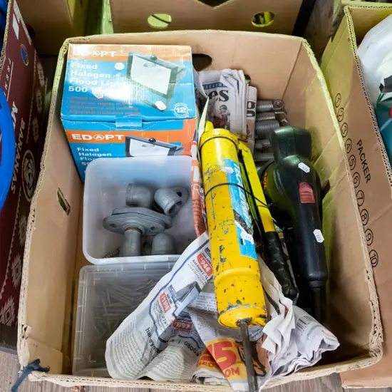 box; orbital sander, halogen light etc