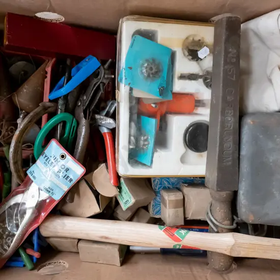 box; hammer handles, eyelet plier, plumb bobs etc