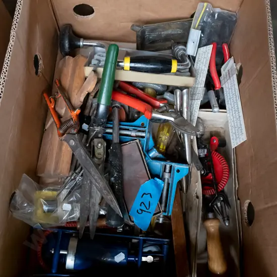 box of diy allsorts; moulding plane, foot pump, egg beater drill etc