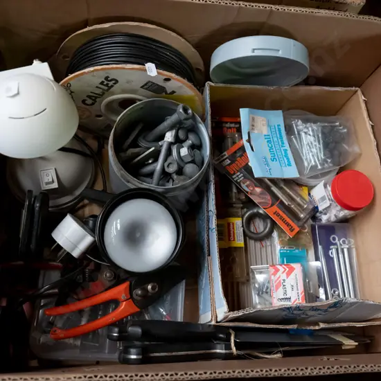 box; knives, nuts, bolts, lights etc