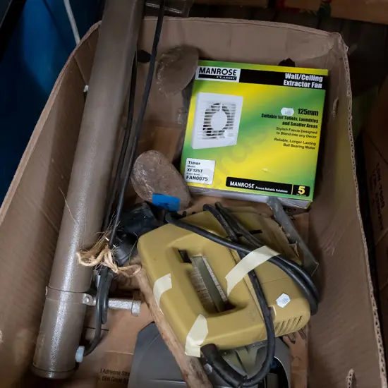 box; jigsaw, extractor fan, scales etc