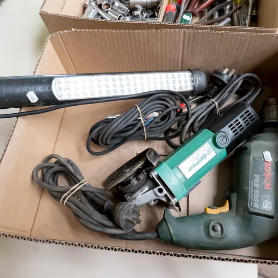 box; drill , angle grinder, 12V trouble light