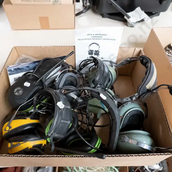 box of various sets of radio and pilots ear muffs  (As Is, No Returns)
