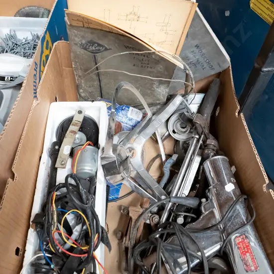 box of automotive parts; torque wrench, timimg gun etc