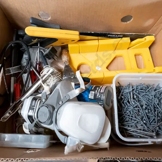 box; mitre box and saw, screws, respirator etc