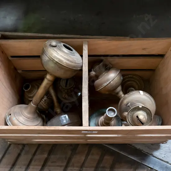 wooden box and various part brass kerosene lanterns