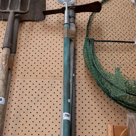 hose, grubber, small garden fork