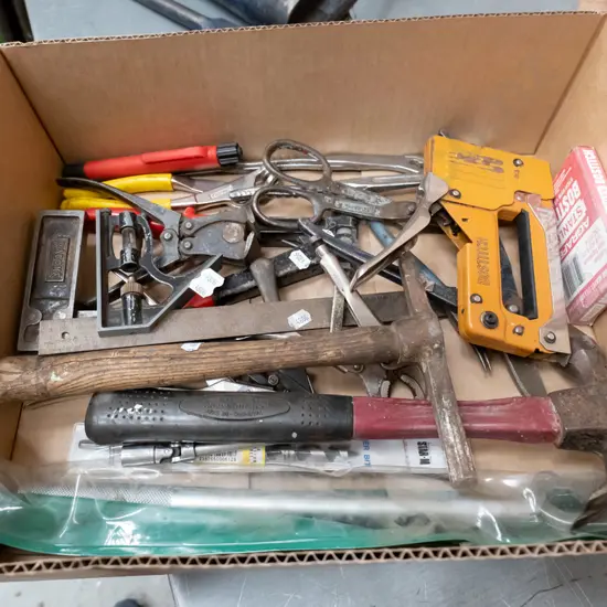 box; hammers, staple guns, tin snips etc