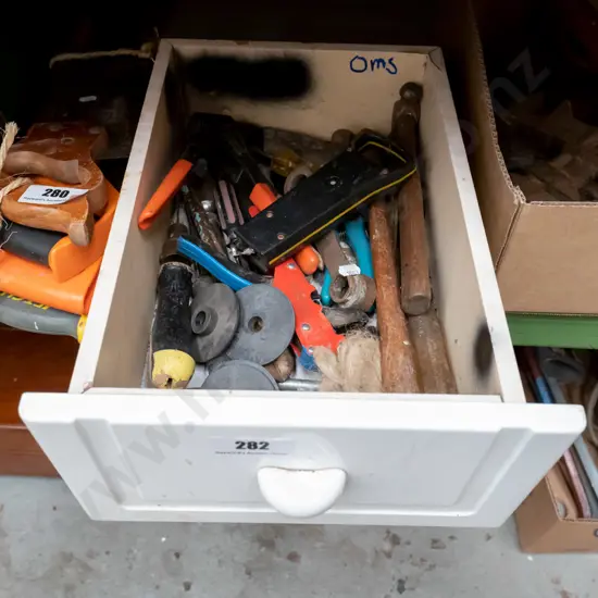 drawer and contents; scales, ball peen hammers, pot riveter etc