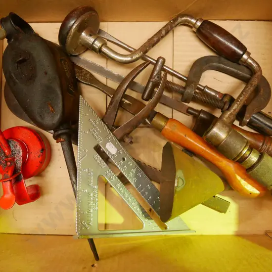 box; oiler, builder's square, brace, screwdriver etc