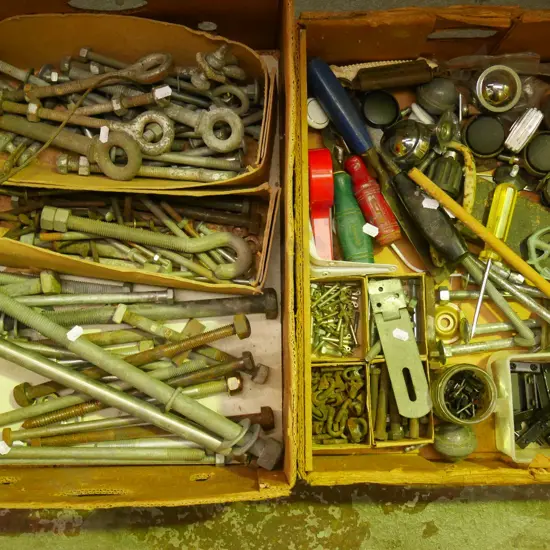 2 boxes; galvanised nuts and bolts, casters, chisels - green dots