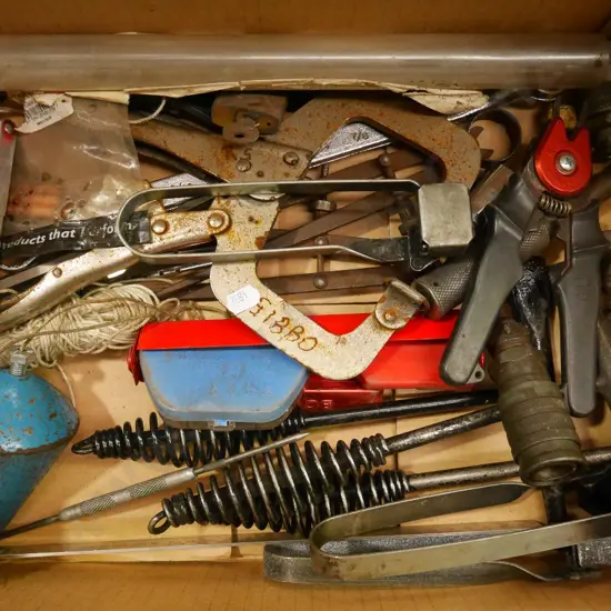 box; welders clamps, plumb bob, calipers etc