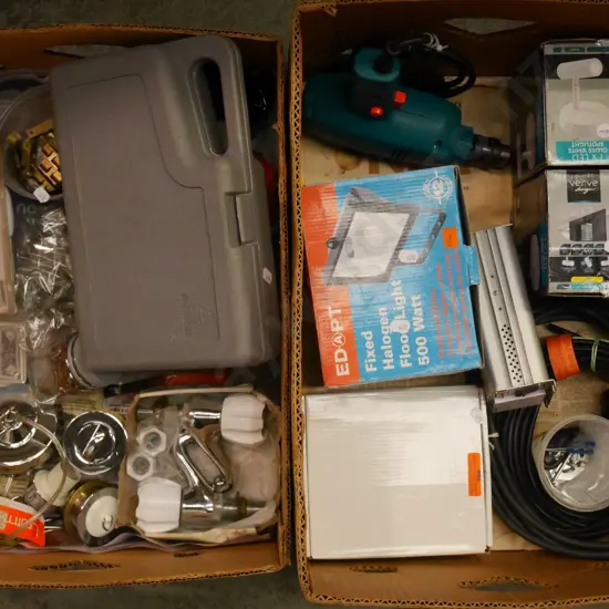 2 boxes; halogen light, plumbing fittings, small tool set etc - green dots