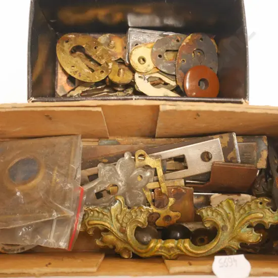 box; vintage door key hole covers, striker plates etc