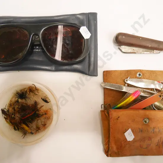 fishing lures, flies, knife etc