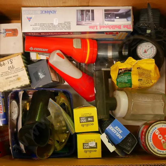 box; bulk head light, 12V air compressor, light bulbs etc