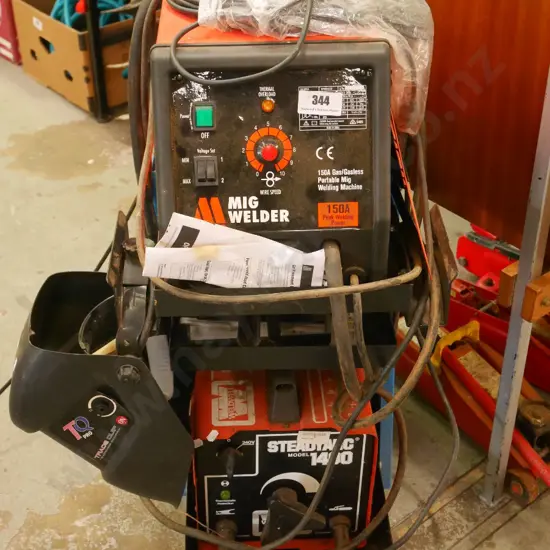 welder station on caster, includes includes Mechpro mig welder and Steadyarc 1400 arc welder, mask etc