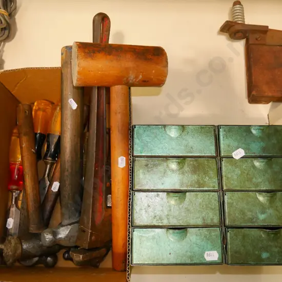 box; screwdrivers, hammers, small chest of drawers with sundry items