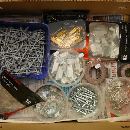 box; roofing nails, cabin hooks etc