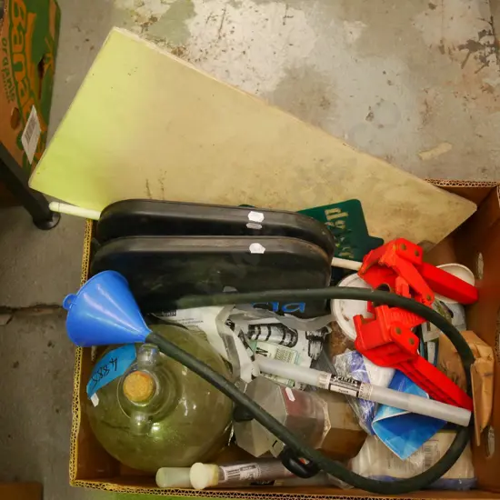 box; brewing supplies, heat mats, demi john etc