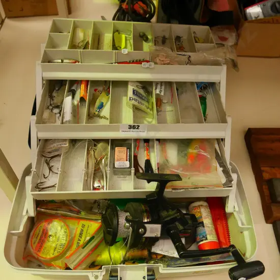 tackle box and contents; lures, reel etc