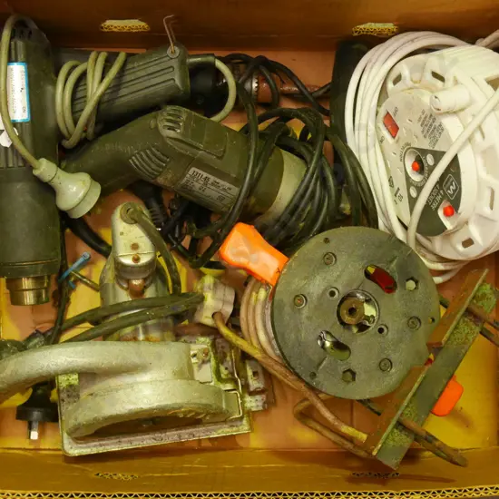 box; drills, router, heat gun etc