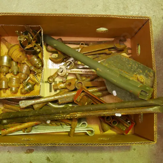 box; trenching shovel, wrecking bars, spanners etc