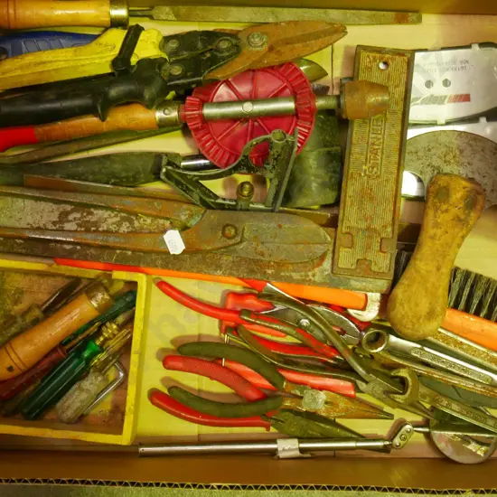 box; egg beater drill, tin snips, pliers etc