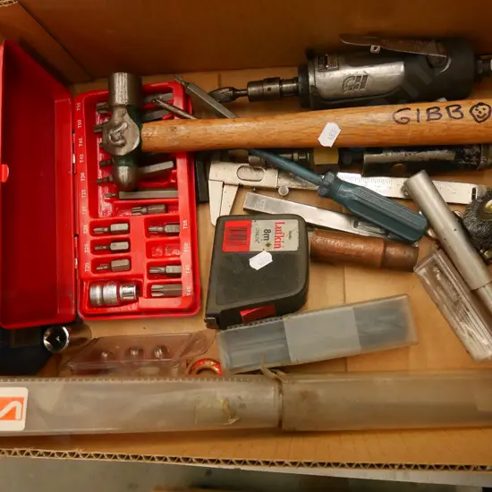 box; air powered tools, ball peen hammer, micrometer etc