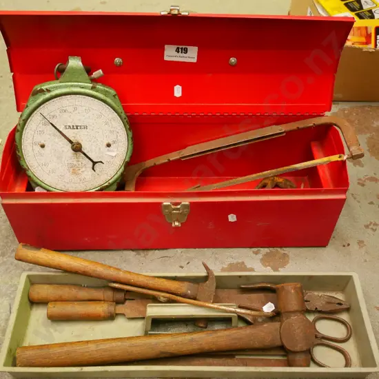 tool box; ball peen hammer, spring scales, hack saw etc