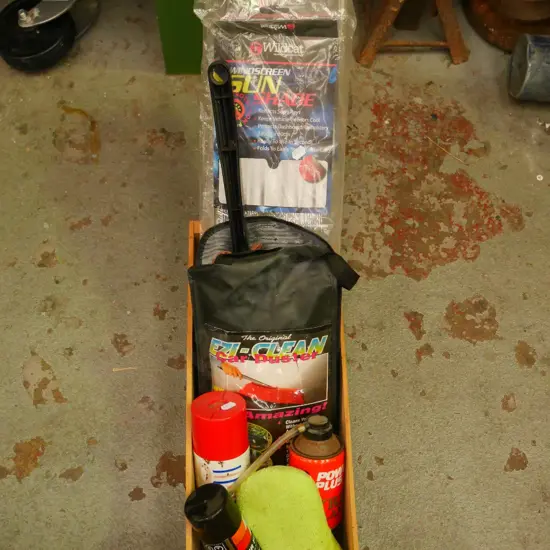 wooden crate, sunshade, car duster etc