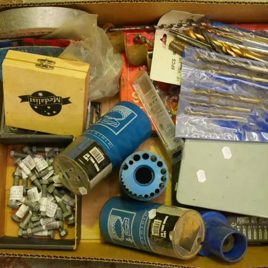 box; nuts, bolts, drill bits etc