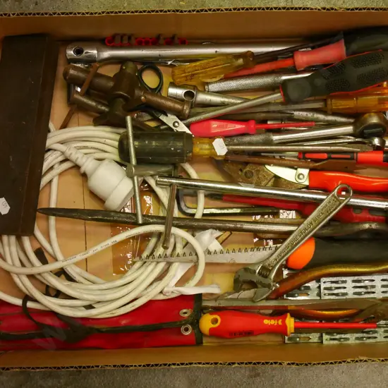 box; screwdrivers, extension cord etc