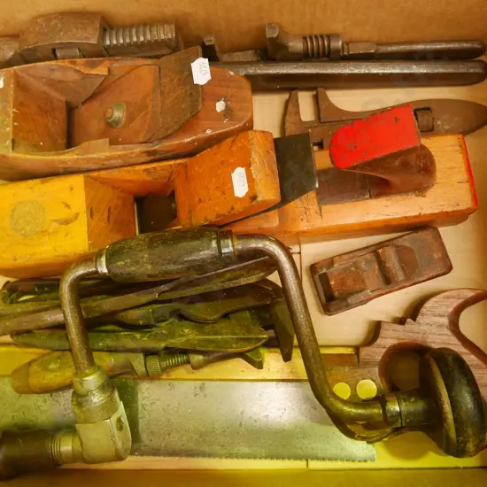 box; plumbers wrench, stilsons, mitre saw etc