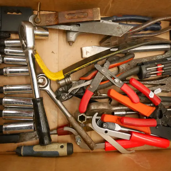 box; sockets, rachet, chisel, wire strippers etc
