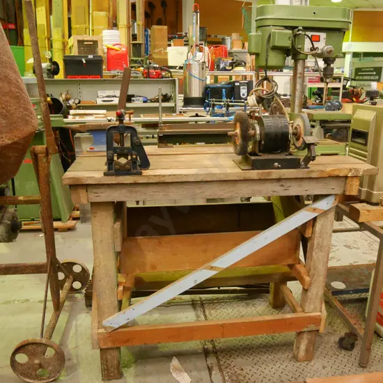 home made wooden work bench - pipe holder, small anvil, metal bender, drill press, bench grinder