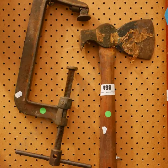 G clamp, vintage hatchet - green dots