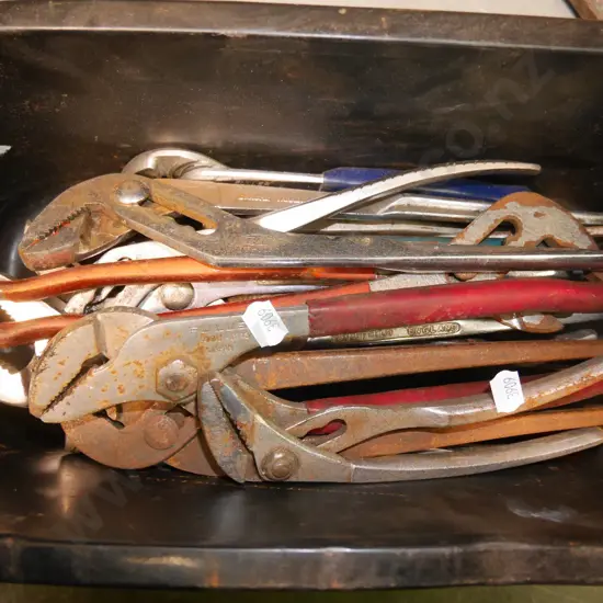 box; various plumbers wrenches